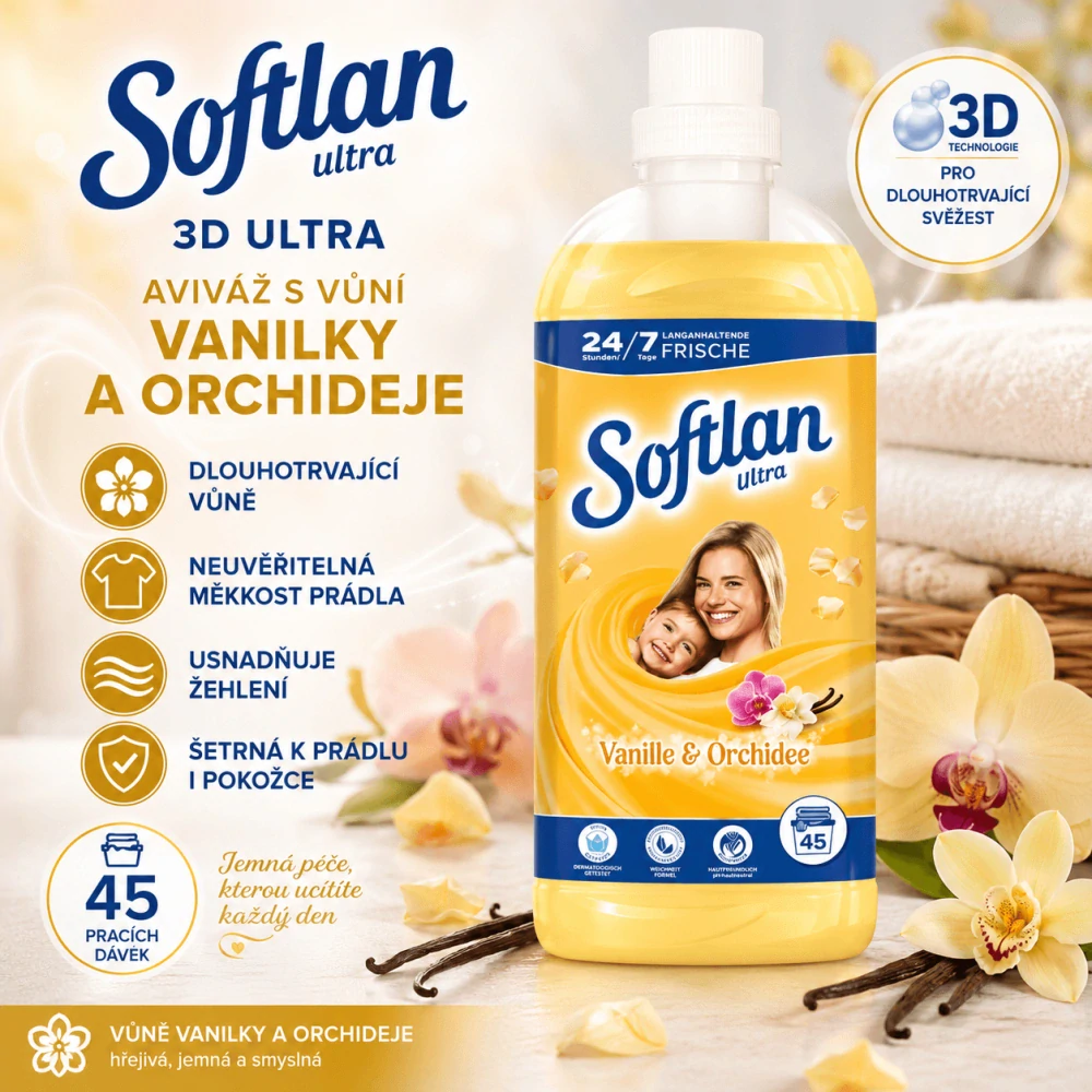 Softlan 3D Ultra aviváž s vůní vanilky a orchideje 1l, 45 pracích dávek