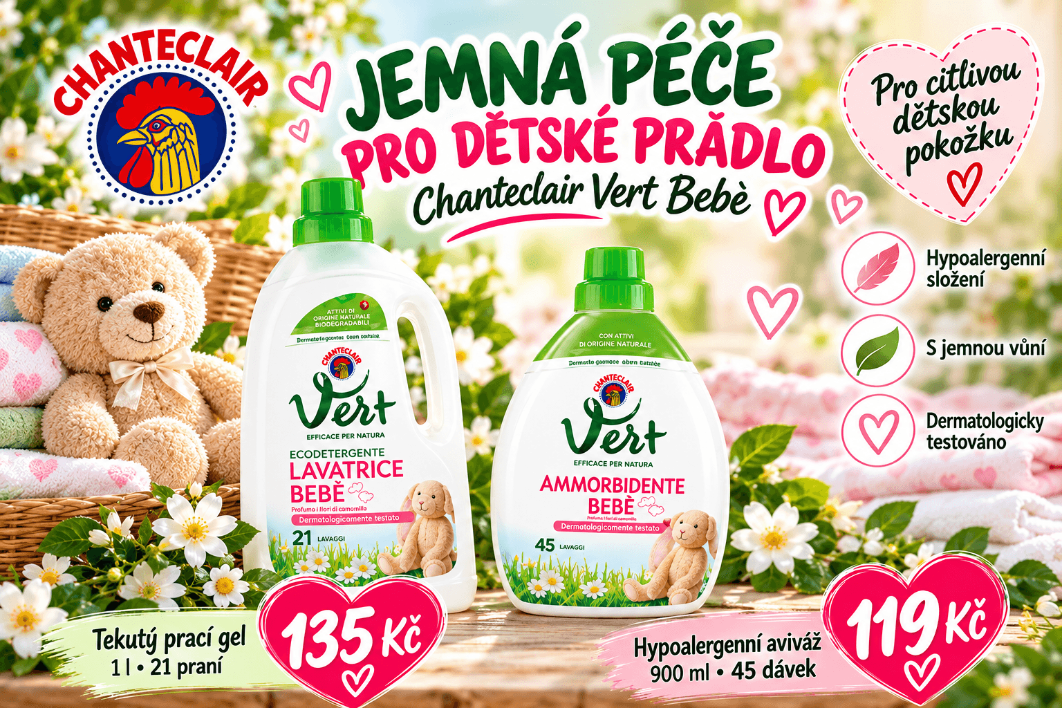 Chanteclair Vert Bebè – prací gel na dětské prádlo 135 Kč a hypoalergenní aviváž 119 Kč.
